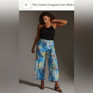 Colette Cropped Wide-Leg Linen blend Tropical Print Pants